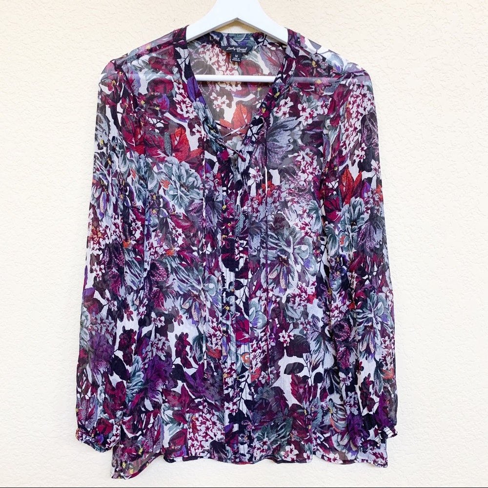 LUCKY BRAND Lace Up Floral Long Sleeve Top Blouse